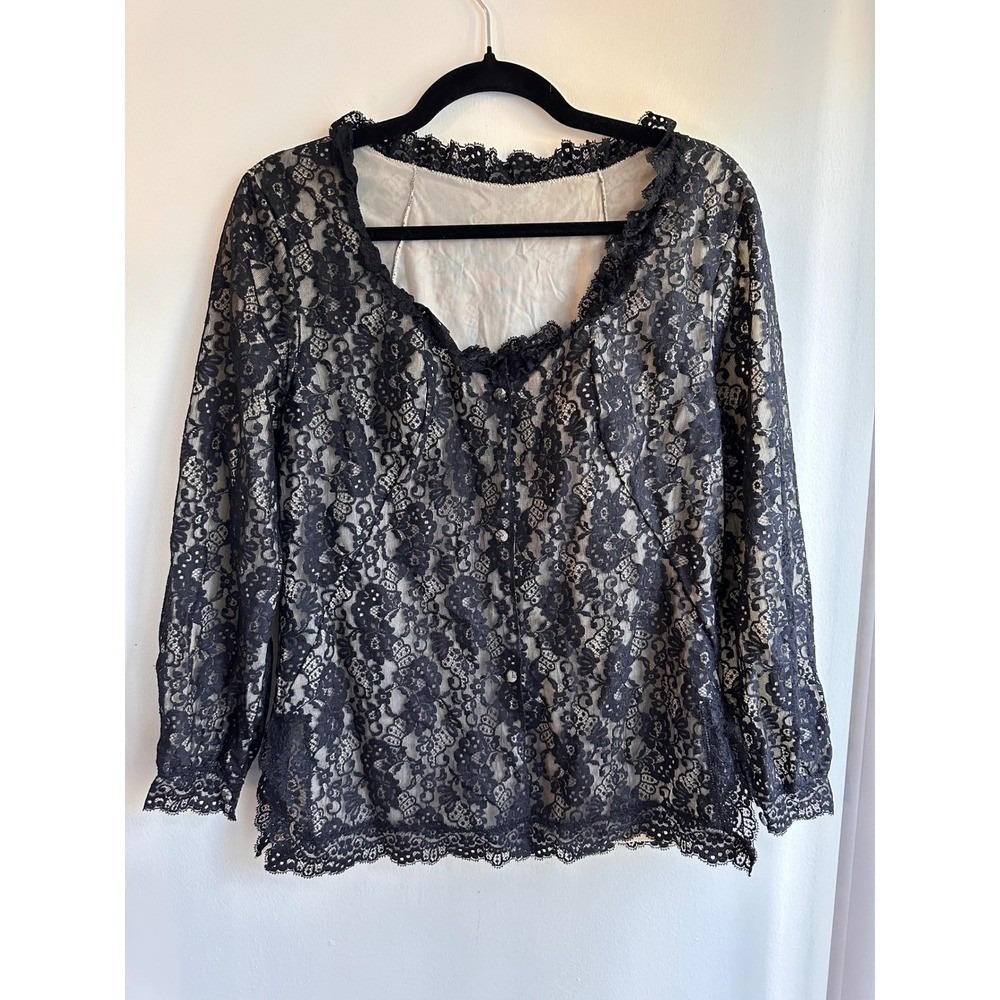 Vintage‎ Vanity Fair Black Lace Sheer Button Front Blouse